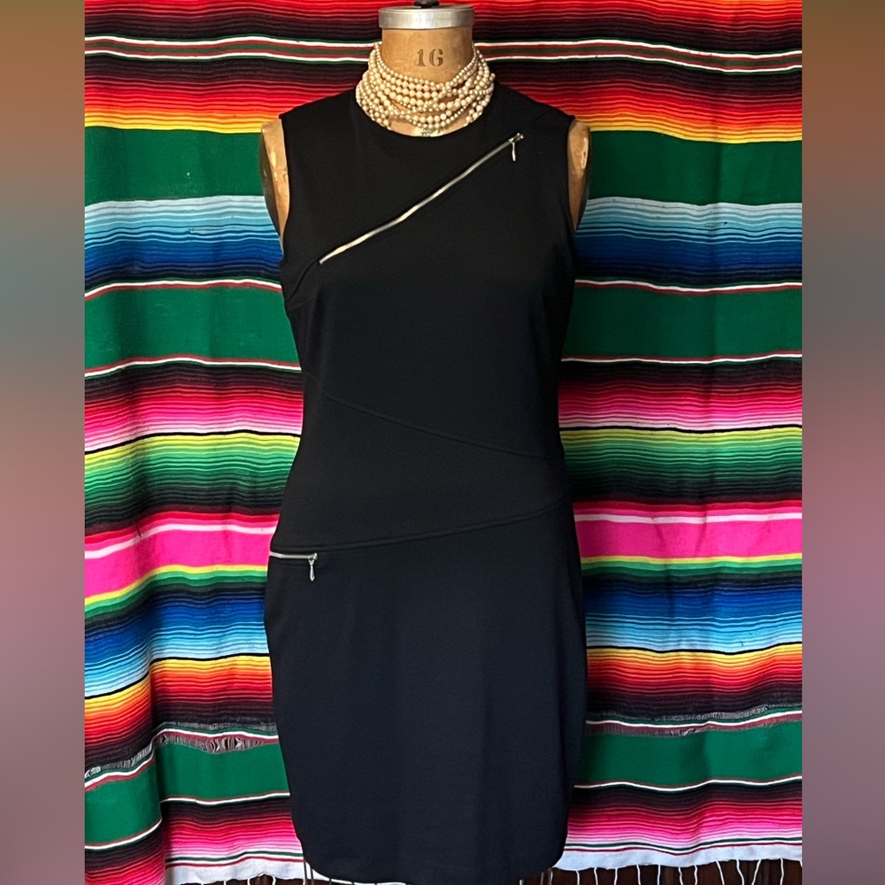 Sharagano Black Midi Dress with Zipper Details